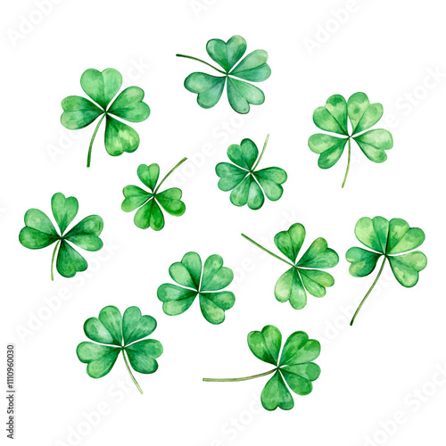 Watercolor clover png collection. Watercolor clover leaves, shamrock, trefoil, quatrain vector. Elements for St. Patrick's Day. Vector illustration.