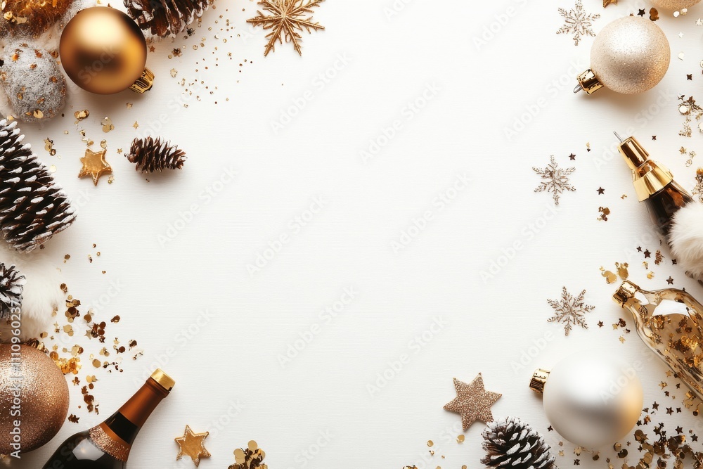 A top-down view of festive Christmas elements including pinecones, baubles, and glittery confetti arranged artfully on a cream background for seasonal cheer. A top-down view of festive Christmas elements including pinecones, baubles, and glittery confetti arranged artfully on a cream background for seasonal cheer.