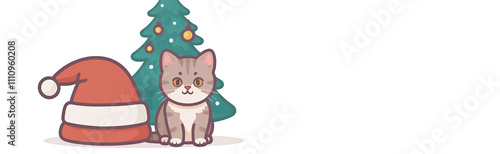 A British-bred cat sits next to a Christmas tree on a white background