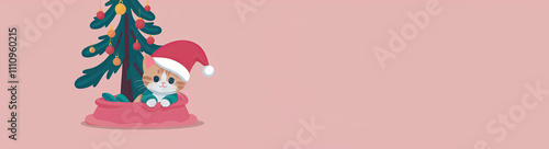 A cute kitten is sitting in a bag under a Christmas tree on a pink background