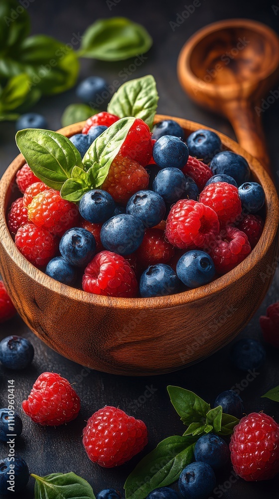 A Stunning Display of Fresh Berries in a Wooden Bowl A Stunning Display of Fresh Berries in a Wooden Bowl