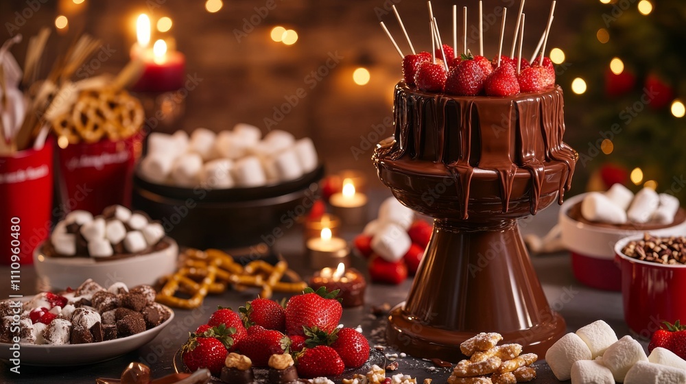 Photo of, A decadent chocolate fondue fountain surrounded by fresh strawberries, marshmallows Photo of, A decadent chocolate fondue fountain surrounded by fresh strawberries, marshmallows