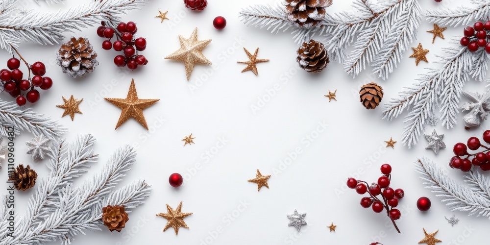 A frosted arrangement of pinecones, stars, and red berries on a clean white background, creating a festive yet simple and peaceful seasonal decoration. A frosted arrangement of pinecones, stars, and red berries on a clean white background, creating a festive yet simple and peaceful seasonal decoration.