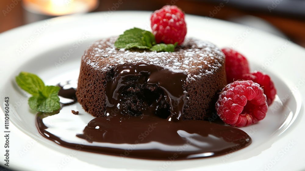 Photo of, A decadent chocolate lava cake oozing with melted ganache, served on a pristine white plate Photo of, A decadent chocolate lava cake oozing with melted ganache, served on a pristine white plate