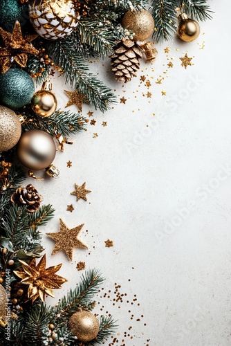 A festive combination of gold and green ornaments, pine branches, and golden stars adorn a white background, encapsulating the warmth and joy of the season. photo