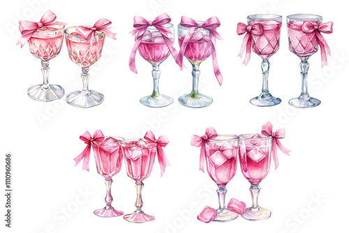 Set of pink drinks in elegant crystal glasses decorated with a bow png. Pink drinks with ice in glasses decorated with a bow of pink satin ribbon. Vintage drinks. Bar elements.