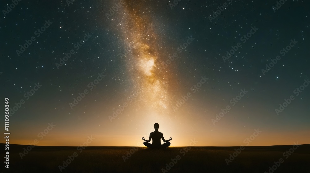 meditation under the stars, tranquil person meditates beneath a vast starry sky, embodying inner peace amidst the boundless cosmos meditation under the stars, tranquil person meditates beneath a vast starry sky, embodying inner peace amidst the boundless cosmos