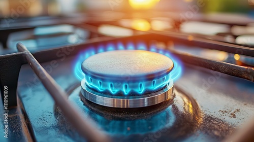 Close-up of a blue gas flame burning on a kitchen stovetop during sunset, creating a warm and inviting atmosphere.