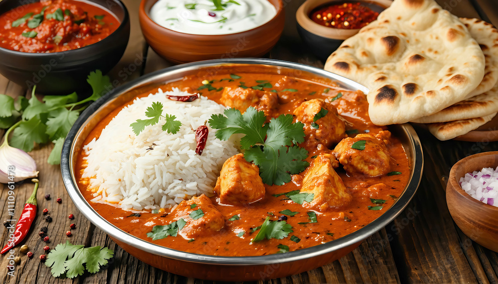 A vibrant Indian curry platter featuring creamy butter chicken, fluffy naan bread, aromatic basmati A vibrant Indian curry platter featuring creamy butter chicken, fluffy naan bread, aromatic basmati