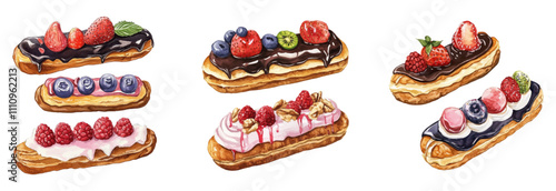 Watercolor set of eclair cakes covered with chocolate glaze and decorated with berries png. Appetizing eclair cakes with custard covered with chocolate and decorated with malt.