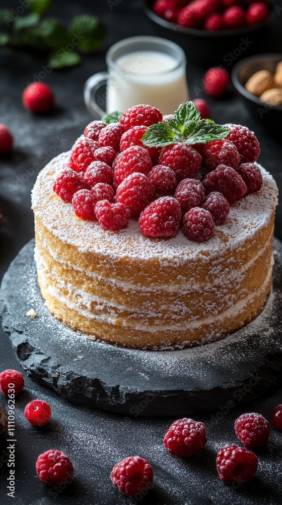 A Delectable Raspberry Cake with Fresh Berries and Icing Sugar - A Visual Feast A Delectable Raspberry Cake with Fresh Berries and Icing Sugar - A Visual Feast