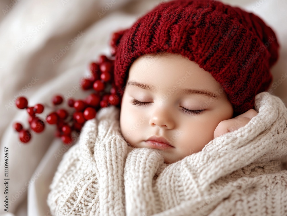 A serene baby peacefully sleeps, enveloped in cozy knitted attire, accentuated by a red woolen hat and red berries, symbolizing warmth and innocence.