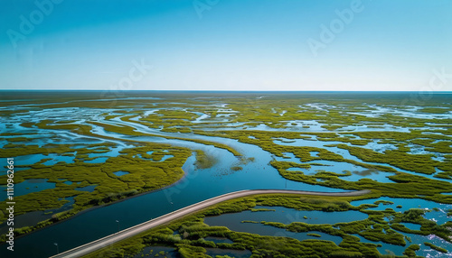 A wide aerial view of expansive wetlands with a winding road cutting through the landscape. The wetl photo