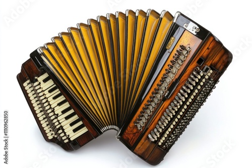 Vintage accordion with rich wood and gold bellows, isolated on white.