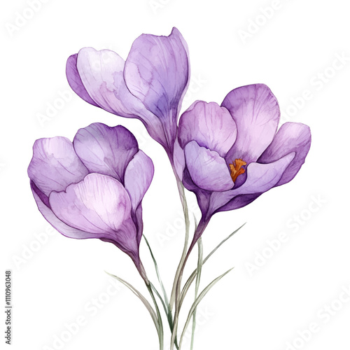 Watercolor delicate purple crocuses png. First spring flowers crocuses watercolor on transparent background. Spring concept,botany. Vector illustration.