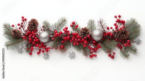 A vibrant Christmas garland featuring red berries, pine cones, and silver decorations arranged flatly against a white background, evoking festive cheer and elegance. photo