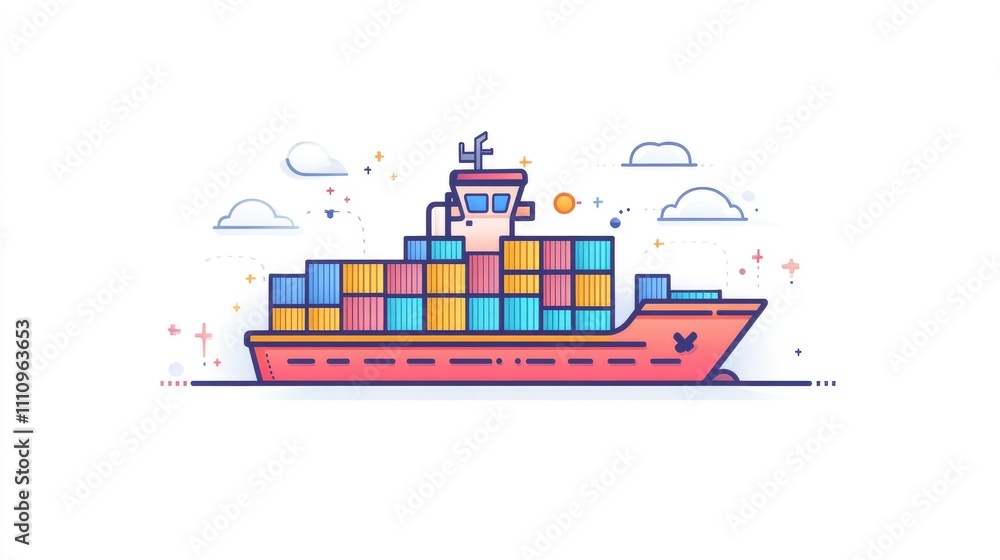 a cargo ship with stacked containers, global trade theme, flat design, bright colors, isolated on white background - a cargo ship with stacked containers, global trade theme, flat design, bright colors, isolated on white background -