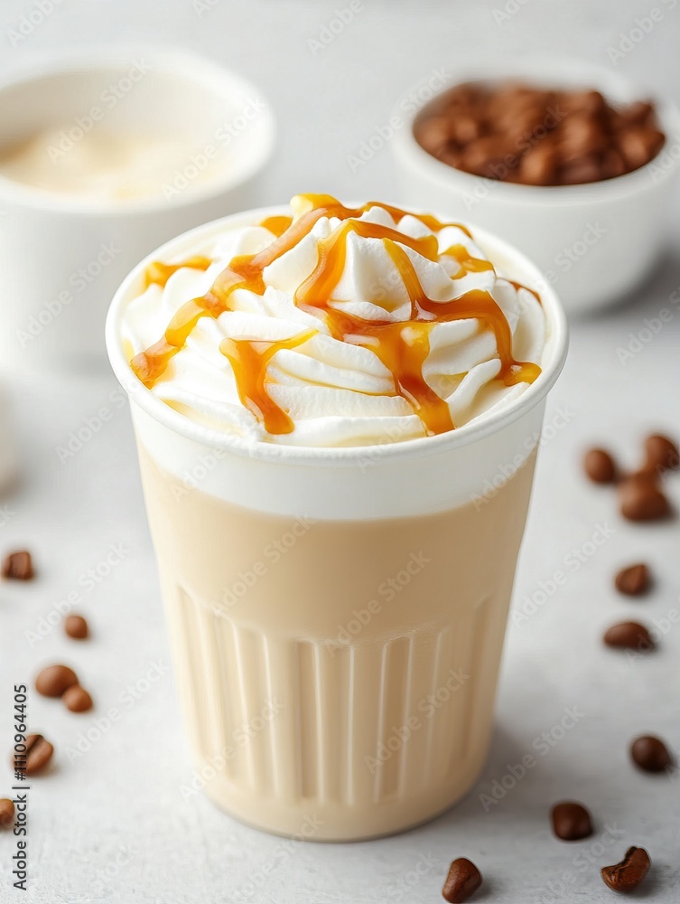 A delicious cup of coffee topped with whipped cream and caramel drizzle, surrounded by coffee beans and a small bowl of cream. A delicious cup of coffee topped with whipped cream and caramel drizzle, surrounded by coffee beans and a small bowl of cream.