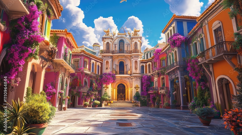 Fototapeta premium Vibrant, colorful town square with ornate buildings and flowering plants under a sunny sky.