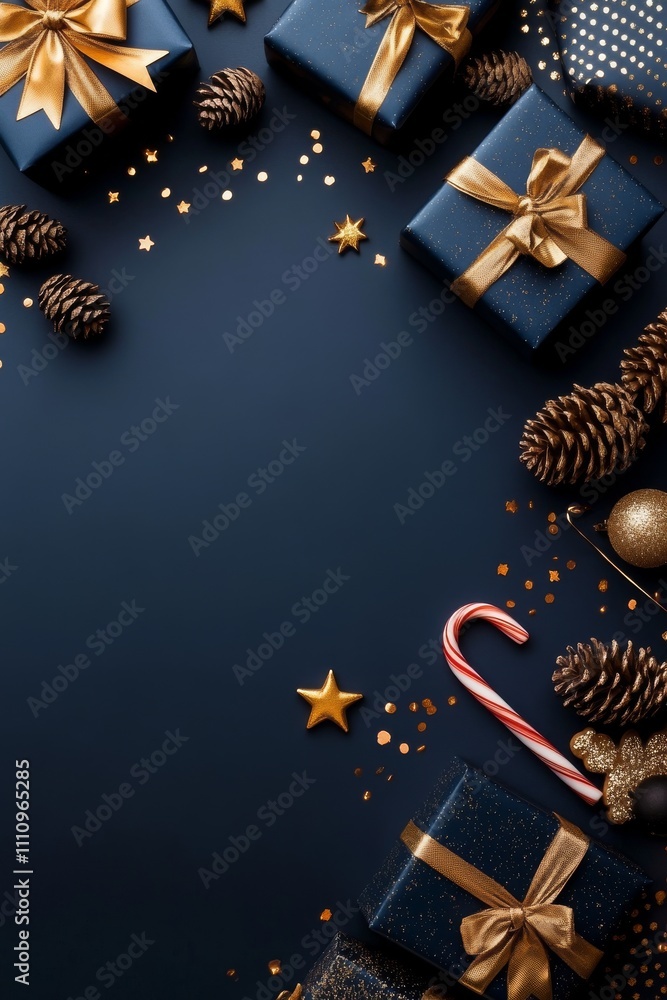 An arrangement of dark-wrapped gifts with gold ribbons and holiday decorations like stars and candy canes on a textured surface for a luxe holiday feel. An arrangement of dark-wrapped gifts with gold ribbons and holiday decorations like stars and candy canes on a textured surface for a luxe holiday feel.