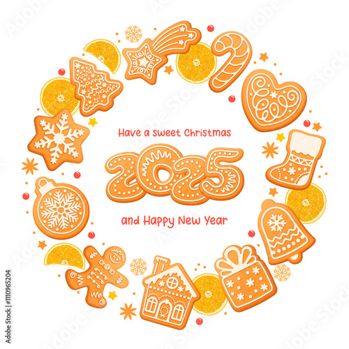 Merry Christmas and Happy New Year greeting with gingerbread cookies, arranged in circle on white background. Homemade cute sweets in form of festive symbols and numbers 2025. Vector illustration