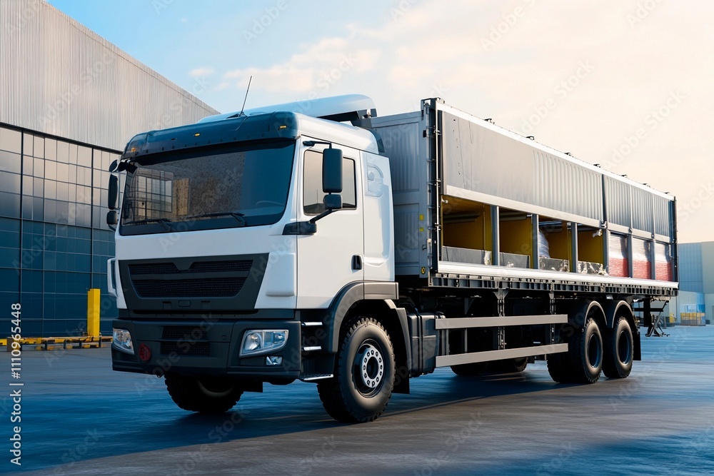 Modern truck ready for cargo delivery at a bustling logistics center. Generative AI Modern truck ready for cargo delivery at a bustling logistics center. Generative AI