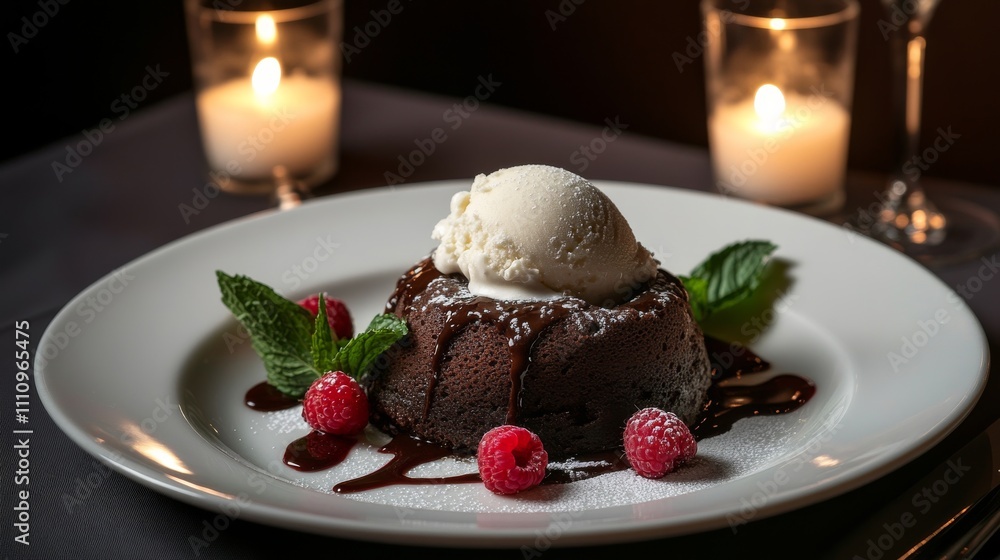 Photo of, A decadent plate of chocolate lava cake served with vanilla ice cream and fresh raspberries, Lava cake plate centered Photo of, A decadent plate of chocolate lava cake served with vanilla ice cream and fresh raspberries, Lava cake plate centered