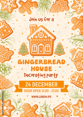Gingerbread house decorating party announcement poster template. Merry Christmas and Happy New Year party invitation with gingerbread cookies on beige background. Vector illustration