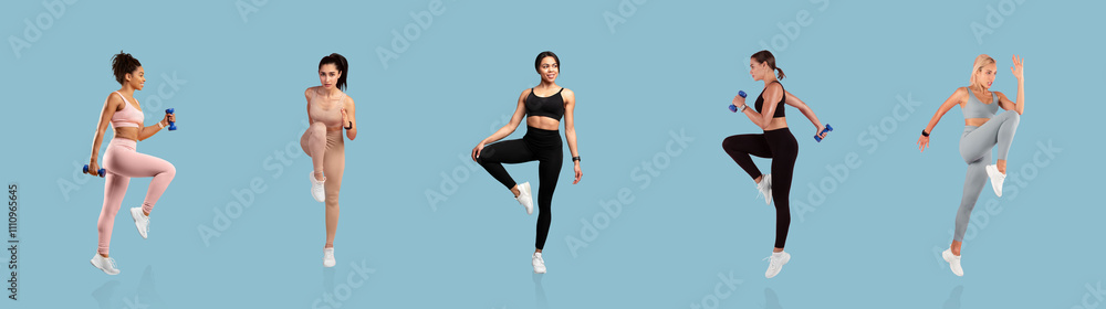 Five women are performing various fitness routines with small weights. They showcase different exercises in colorful workout attire, emphasizing strength and agility against a light blue backdrop. Five women are performing various fitness routines with small weights. They showcase different exercises in colorful workout attire, emphasizing strength and agility against a light blue backdrop.