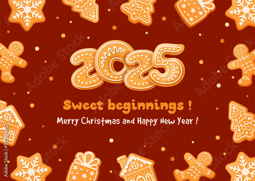 Merry Christmas and Happy New Year greeting with gingerbread cookies arranged in frame on dark red background. Homemade cute sweets in form of festive symbols and numbers 2025. Vector illustration