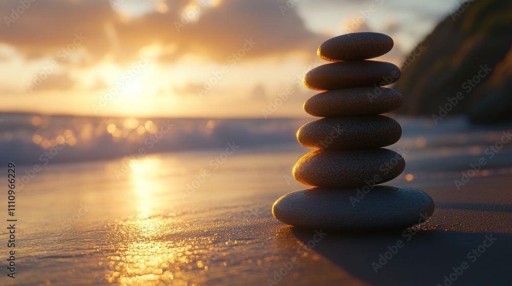 Serene Sunset: Balanced Stones on a Tranquil Beach Serene Sunset: Balanced Stones on a Tranquil Beach