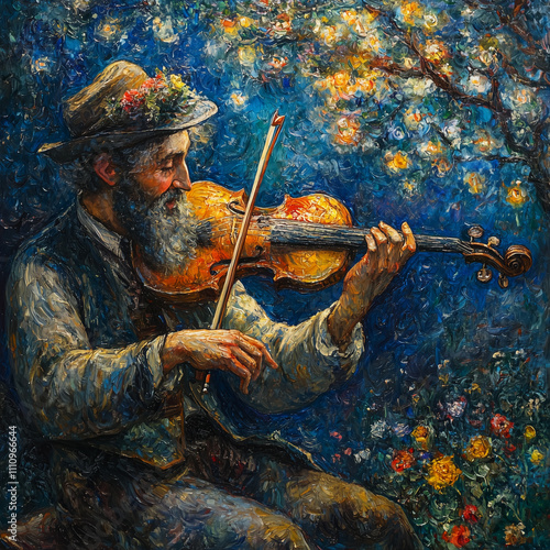 Jewish fiddler playing in a vibrant garden with blooming flowers and a colorful backdrop