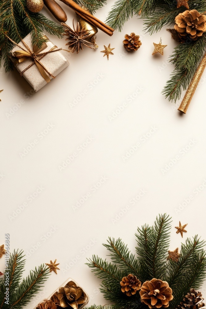 Featuring golden festive decorations like stars, gifts, and pine cones, this image presents a classy and inviting layout against a creamy white backdrop. Featuring golden festive decorations like stars, gifts, and pine cones, this image presents a classy and inviting layout against a creamy white backdrop.