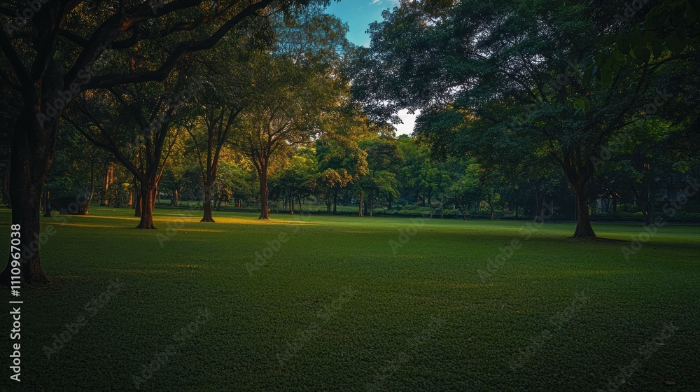 Obraz premium Quiet green park with large trees and lawn at sunset