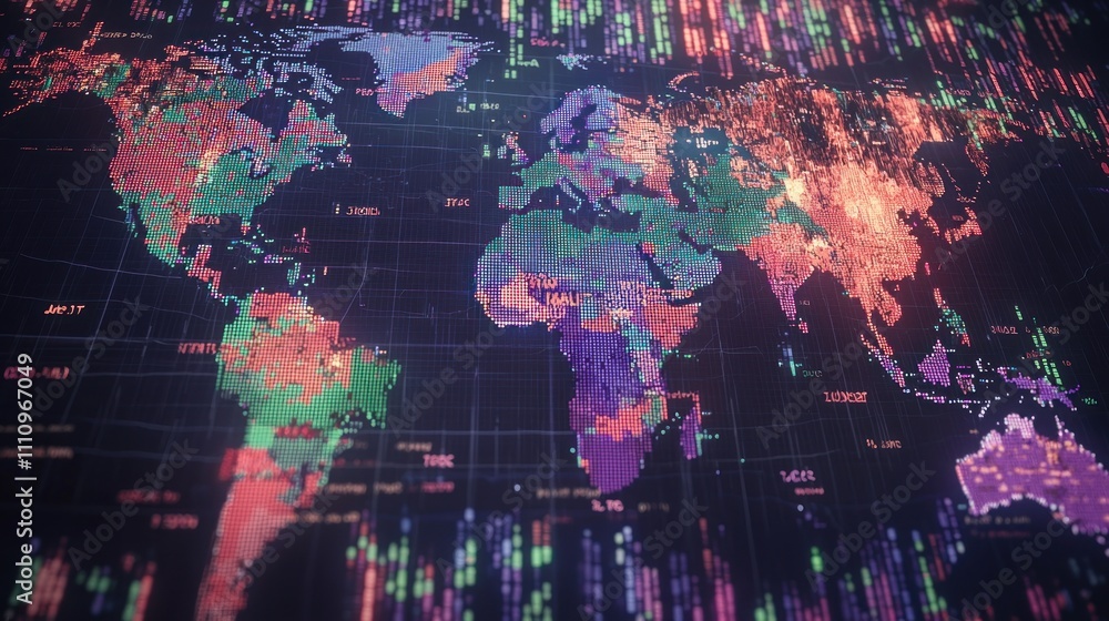 Obraz premium Global Data Visualization: A Pixelated World Map Displaying Dynamic Data Streams