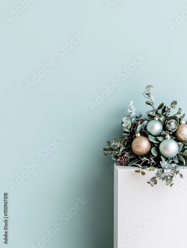 This composition presents a soft pastel Christmas image with blue and gold ornaments nestled within eucalyptus branches on a pale background, suggesting a gentle holiday vibe. photo