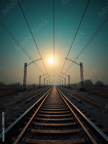 The sun rising over an empty and deserted tramway, rural scenery, abandoned train tracks