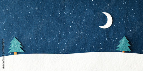 Playful winter banner background in applique style, featuring a textured night sky, crescent moon, and a snowy landscape with paper-cut pine trees. Copy Space for Festive Messages