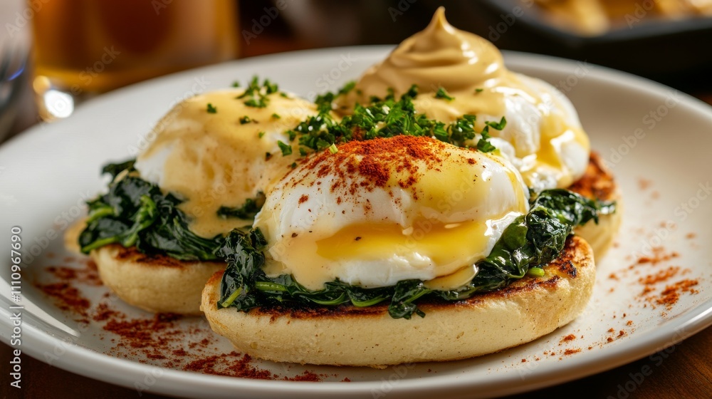 Photo of, A decadent plate of eggs Florentine served with sautéed spinach, poached eggs Photo of, A decadent plate of eggs Florentine served with sautéed spinach, poached eggs