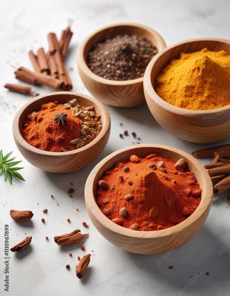 Three wooden bowls filled with assorted ground spices on white background, culinary art, condiment collection, aromatic flavors, exotic, cooking preparation Three wooden bowls filled with assorted ground spices on white background, culinary art, condiment collection, aromatic flavors, exotic, cooking preparation