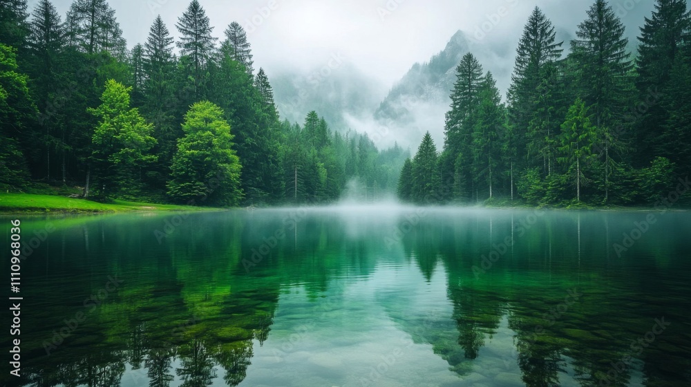 Misty Forest Lake with Clear Reflections Misty Forest Lake with Clear Reflections