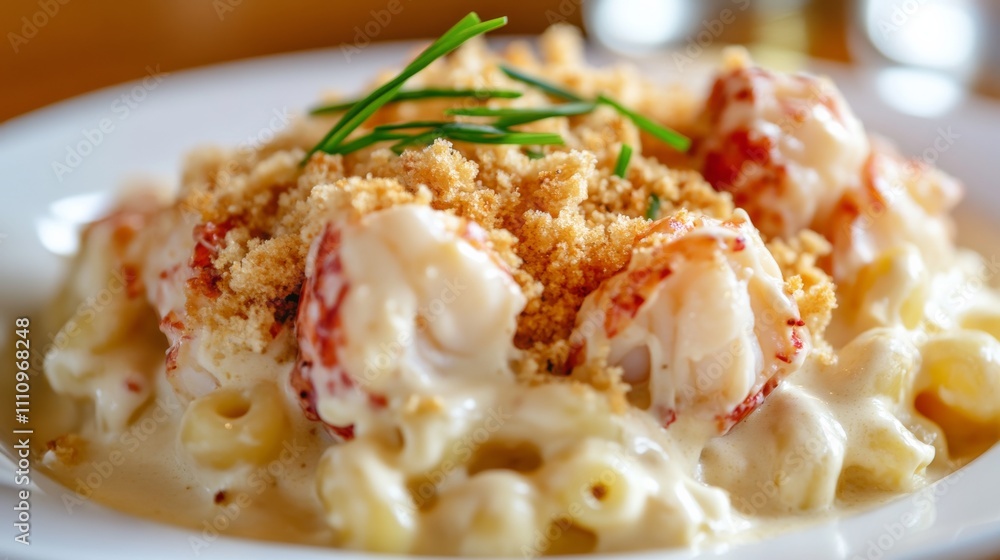 Photo of, A decadent plate of lobster macaroni and cheese with chunks of tender lobster meat and a creamy cheese sauce, Macaroni and cheese plate centered Photo of, A decadent plate of lobster macaroni and cheese with chunks of tender lobster meat and a creamy cheese sauce, Macaroni and cheese plate centered
