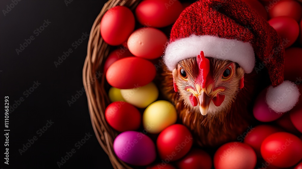 A festive chicken wearing a Santa hat surrounded by colorful Easter eggs in a woven basket. A festive chicken wearing a Santa hat surrounded by colorful Easter eggs in a woven basket.