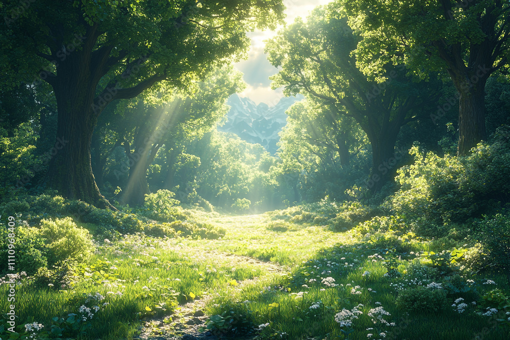 Sunlit Forest Path Leading to Distant Mountains Sunlit Forest Path Leading to Distant Mountains