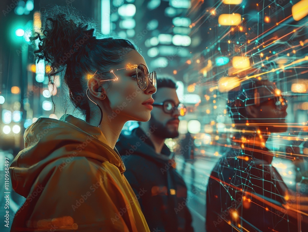 futuristic city scene featuring woman in sunglasses and two men, illuminated by neon lights and digital effects, conveying sense of technology and innovation futuristic city scene featuring woman in sunglasses and two men, illuminated by neon lights and digital effects, conveying sense of technology and innovation