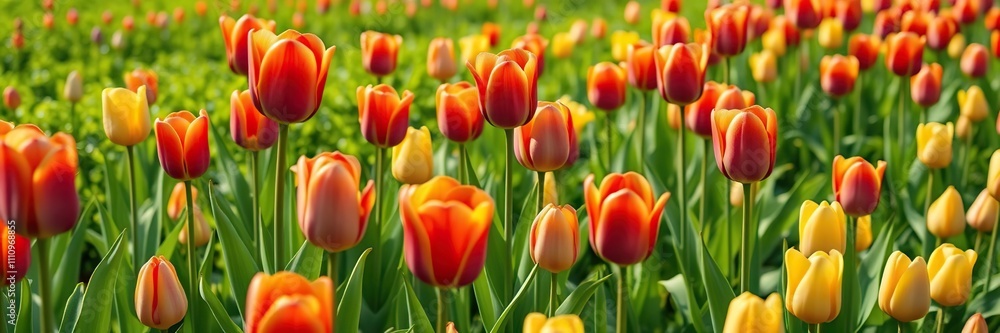 Tulips burst with vibrant colors in a lush green field, flower scenery, blooming flowers Tulips burst with vibrant colors in a lush green field, flower scenery, blooming flowers
