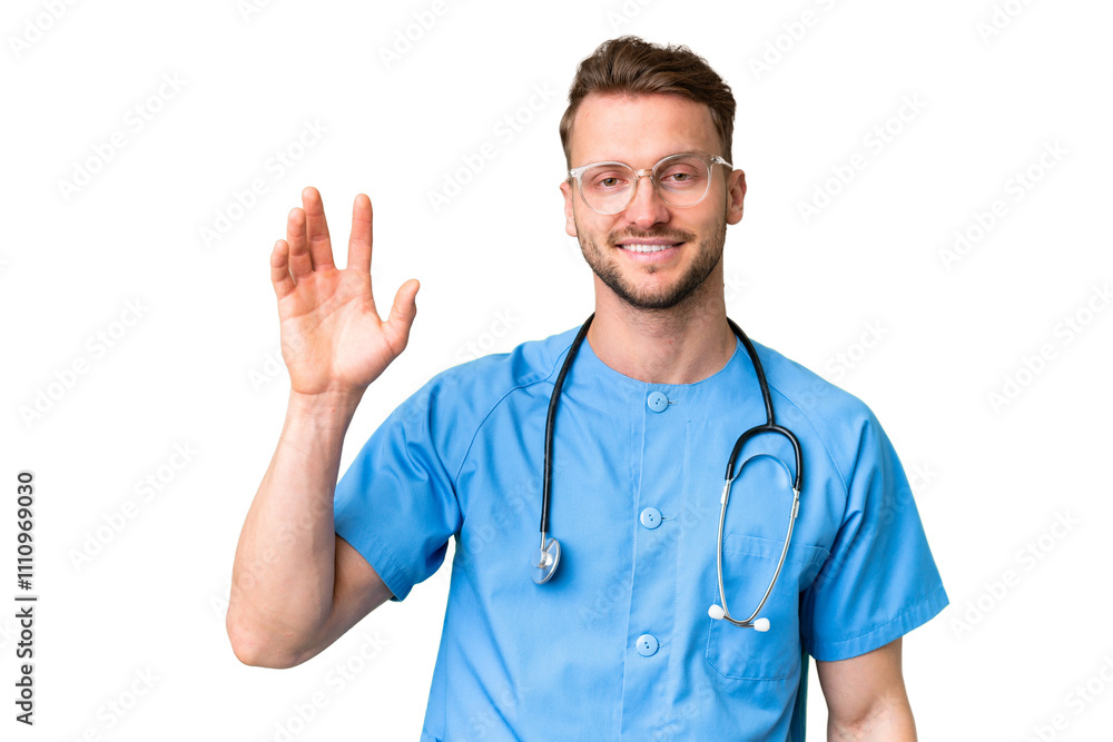 Young nurse man over isolated chroma key background saluting with hand with happy expression Young nurse man over isolated chroma key background saluting with hand with happy expression