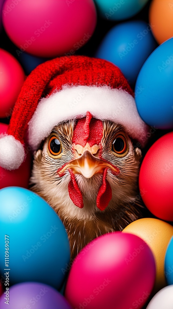A festive chicken wearing a Santa hat surrounded by vibrant colored eggs, radiating holiday cheer. A festive chicken wearing a Santa hat surrounded by vibrant colored eggs, radiating holiday cheer.