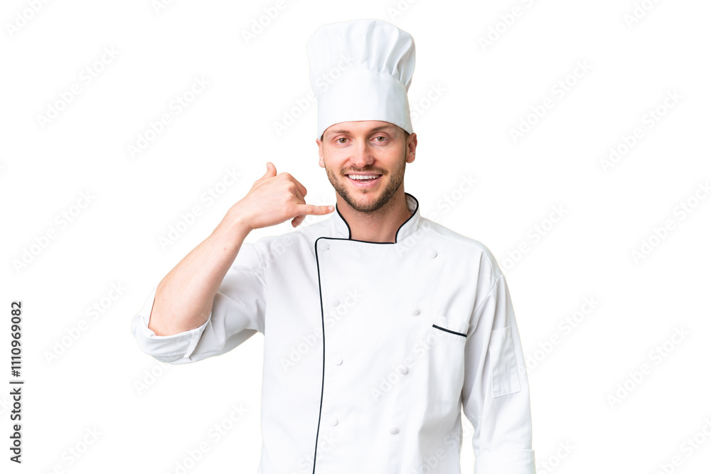 Young caucasian chef over isolated chroma key background making phone gesture. Call me back sign Young caucasian chef over isolated chroma key background making phone gesture. Call me back sign