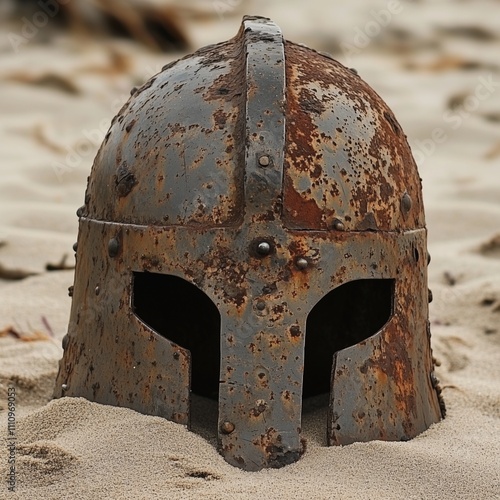 closeup of a rusted ancient iron helm abandoned on a beach photo